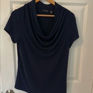 Tahari Blue Draped Neckline with Capped Sleeve Blouse Size L